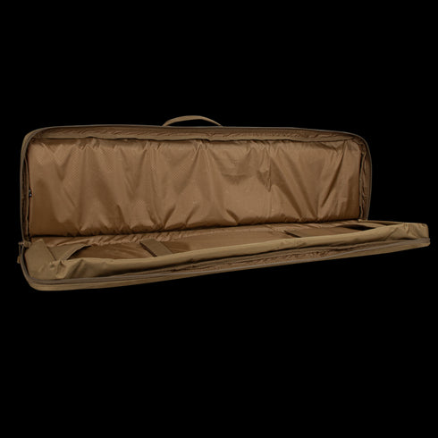The Condor 36 Single Rifle Case is a spacious, rectangular brown soft case with a handle, empty interior, and side compartments—perfect for military gear—shown against a white background.